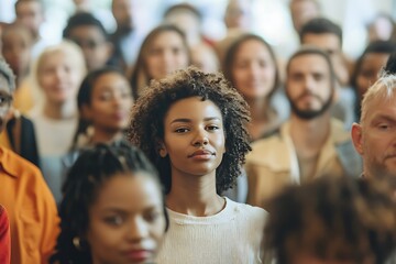 Obraz premium Young woman standing out from the crowd of people