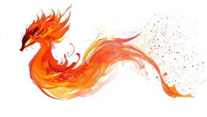 Fototapeta premium Fiery mythical creature, dragon-like, swirling flames, orange and red, abstract art, isolated on white.
