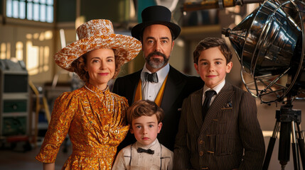 Fototapeta premium vintage family portrait in retro art studio, showcasing joy and elegance