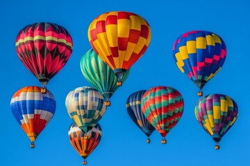 Naklejka premium Hot air balloons floating in a bright blue sky during a vibrant festival event