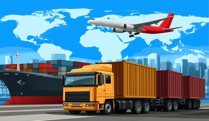 Sea cargo ship with container ships, city skyline, truck, and plane in a logistics scene