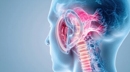 Anatomical illustration of the human ear and neck structures.
