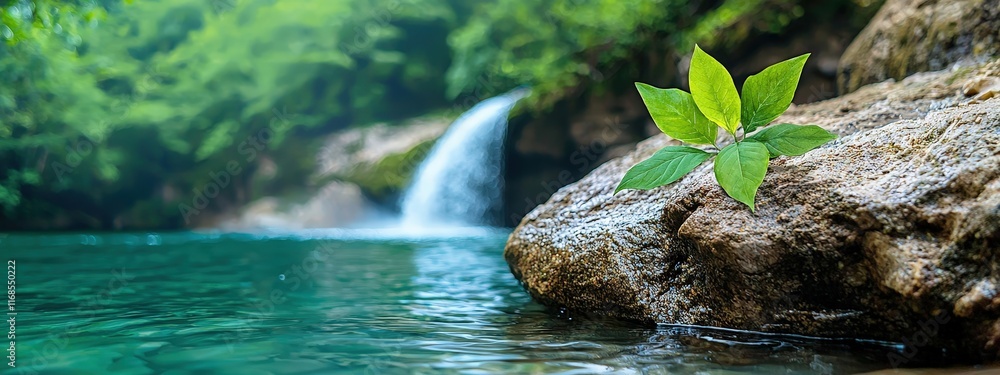 Poster a small waterfall cascading into a forest pool surrounded by greenery