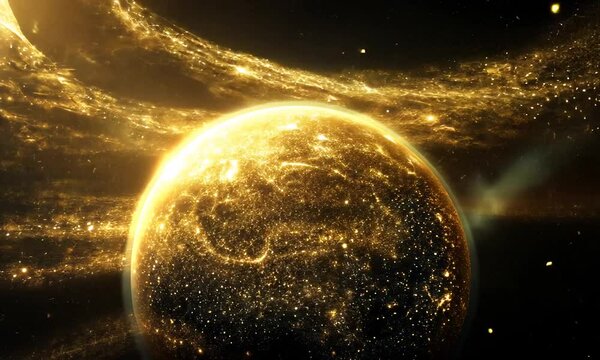 Golden Planet in a Celestial Dance: A Stunning Cosmic Artwork of a Luxurious Gold Planet