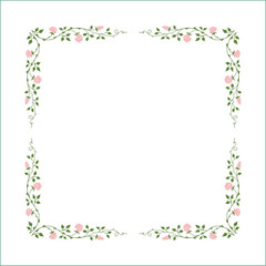 Green vegetal frame with pink rose flowers, rose thorns, climbing, decorative corners for greeting cards, banners, business cards, invitations, menus. Isolated vector illustration.	
