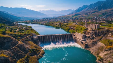 Scenic River and Dam Landscape in Mountain Region
