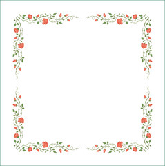 Green vegetal frame with orange rose flowers, rose thorns, climbing, decorative corners for greeting cards, banners, business cards, invitations, menus. Isolated vector illustration.	