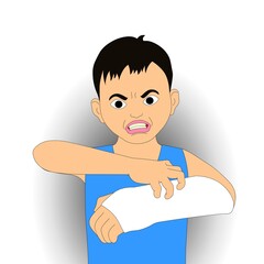 A person with a frustrated expression is wearing a blue tank top and has a white cast on one arm. The background is simple, emphasizing their displeased demeanor.