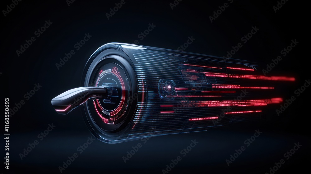 Poster futuristic device with glowing elements and motion effects.