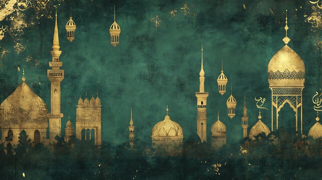Golden mosques and hanging lanterns creating a mystical ramadan nightscape