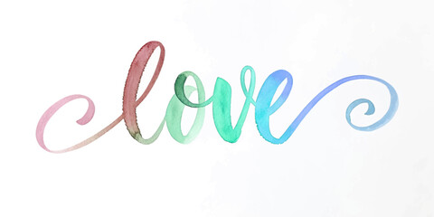 Colorful watercolor lettering, artistic love design, romantic wall art, modern decor style, perfect for gifts.