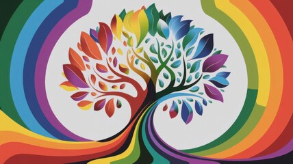 Fototapeta premium Colorful Tree of Life Design with Radiant Leaves and Swirling Rainbow Background