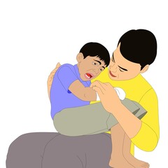 A person in a yellow shirt comforts a child who appears hurt or upset. The child, wearing a purple shirt, is being attended to with a sense of care and concern.