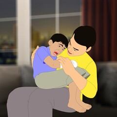 A person in a yellow shirt is comforting a crying child, who is sitting on their lap. They are indoors, with a blurred background suggesting a cozy living room setting.