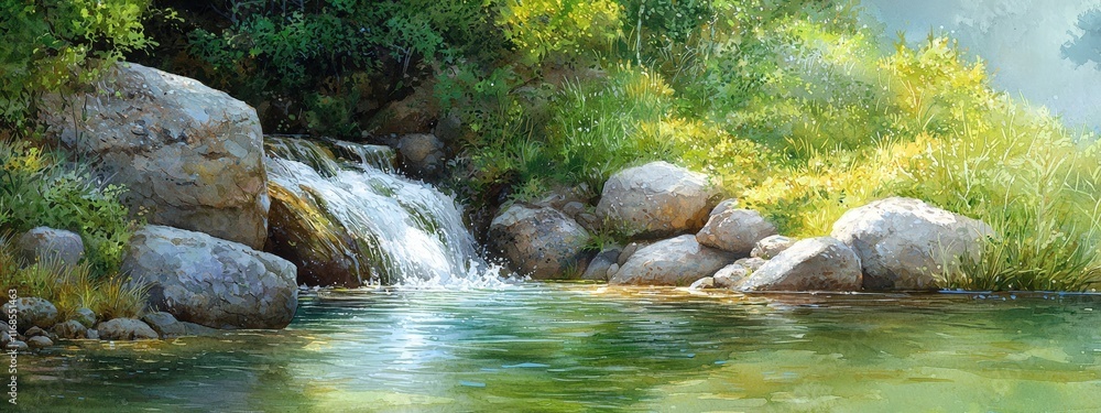 Poster a small waterfall cascading into a forest pool surrounded by greenery