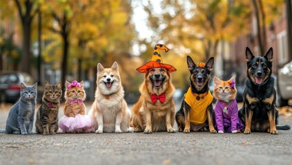 A group of dogs and cats dressed in costumes for Halloween, sitting on the street lined up