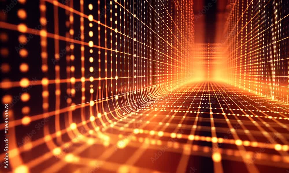 Aufkleber abstract digital tunnel orange grid network lights data stream
