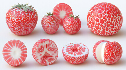 Diverse views of a patterned strawberry, whole, halved, and quartered, isolated on white.