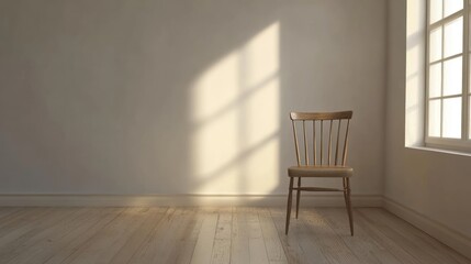 Serene Minimalist Room: Sunlight Illuminates Empty Wooden Chair