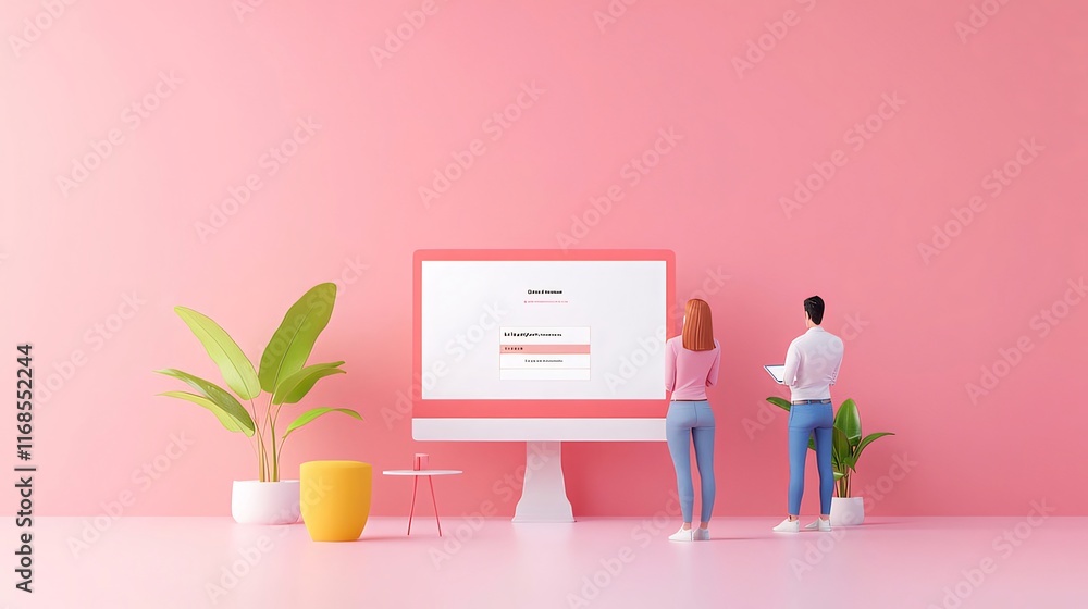Poster couple viewing login screen on large computer.
