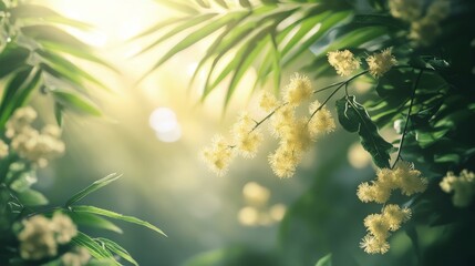 Dappled sunlight filtering through vibrant green leaves and yellow blooms in a serene environment