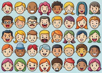 Diverse Cartoon Faces: 45 Expressive Illustrations for Design Projects