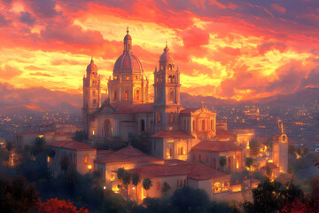 Fototapeta premium Majestic cathedral at sunset overlooking a city.