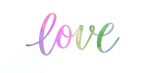 Colorful watercolor lettering, vibrant love word, artistic design, romantic theme, creative expression, modern style.