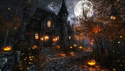A haunted house on an old cobblestone street, surrounded by spooky trees and glowing pumpkins