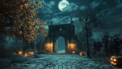 Fototapeta premium A haunted house on an old cobblestone street, surrounded by spooky trees and glowing pumpkins