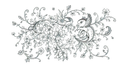A coloring book with single-line patterns in the form of a fashion trend, vegetation and fantasy, a basis for a tattoo
