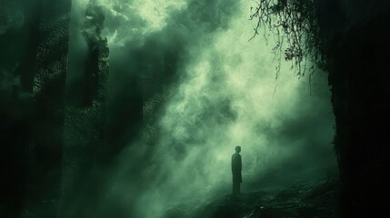 Mysterious Figure in Eerie Forest: A lone figure stands shrouded in an eerie green mist within a dense, dark forest, creating a suspenseful and mysterious atmosphere.