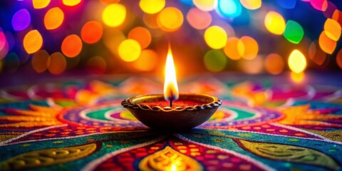 Diwali Silhouette: Lit Diya on Colorful Rangoli - Festive Indian Holiday Greeting Card Template