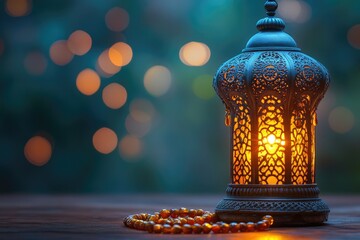 A beautifully decorated lantern with intricate blue and gold patterns glows warmly on a wooden surface near a window. Beside it are a bowl with a cross and prayer beads, symbolizing spirituality and f