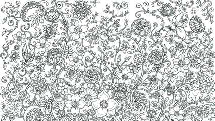 A coloring book with single-line patterns in the form of a fashion trend, vegetation and fantasy, a basis for a tattoo