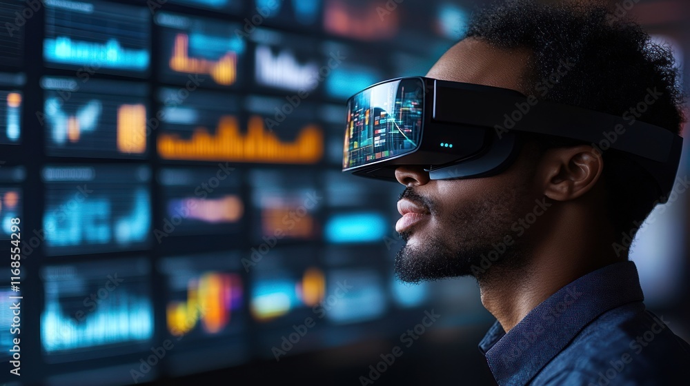 Aufkleber man using vr headset, analyzing financial data on digital screen.