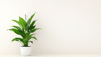 A potted plant with lush green leaves and a white flower.