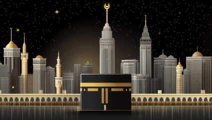 Fototapeta premium Simple line drawing of Kaaba in Mecca with gold lines on black background for Ramadan, Hajj, prayer, and mosque