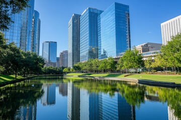 Obraz premium Skyscrapers and business office buildings under clear blue sky.