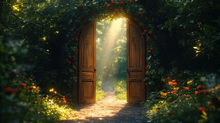 Secret Garden Gateway: A mystical wooden door opens to a hidden path, beckoning you to explore the wonders beyond. Sunlight streams through the foliage, creating a magical atmosphere.  