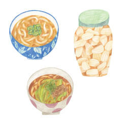 色鉛筆で描いたらっきょうと2種類のうどんのイラストレーション