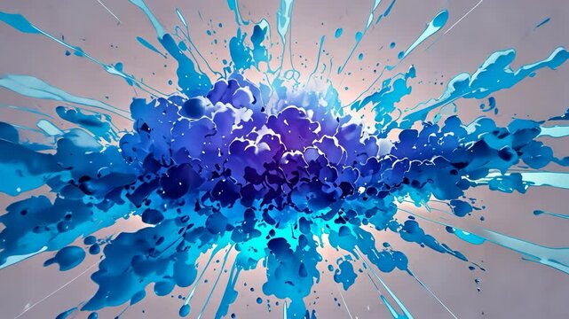Video footage of dynamic explosion of blue and purple paint splashes outward, creating a vibrant and energetic abstract artwork