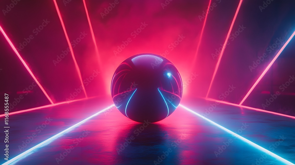 Poster reflective sphere illuminated by neon lights in a dark setting