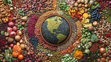 Earth surrounded by diverse colorful food representing global food supply or world cuisine.