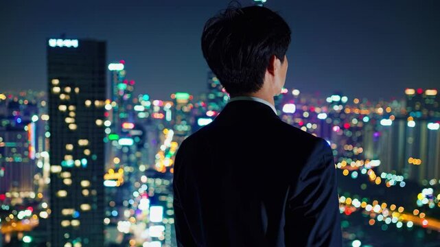 Urban Professional, Cityscape vs Lone Figure, Nighttime, Contemplation