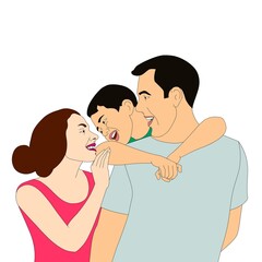 A family of three shares a joyful moment with their child playfully interacting with both parents. The bright and simple color palette adds a cheerful touch to the scene.