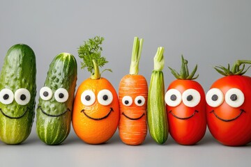 A photograph of several different vegetables with cute eyes and mouths cut out in the shape of happy faces