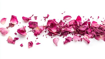 Scattered dried pink rose petals on white background.