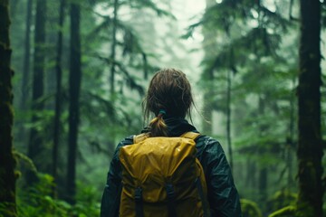 Fototapeta premium Woman Hiking in a Rainy Forest
