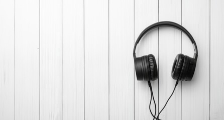 Black headphones on white wooden background. (2)